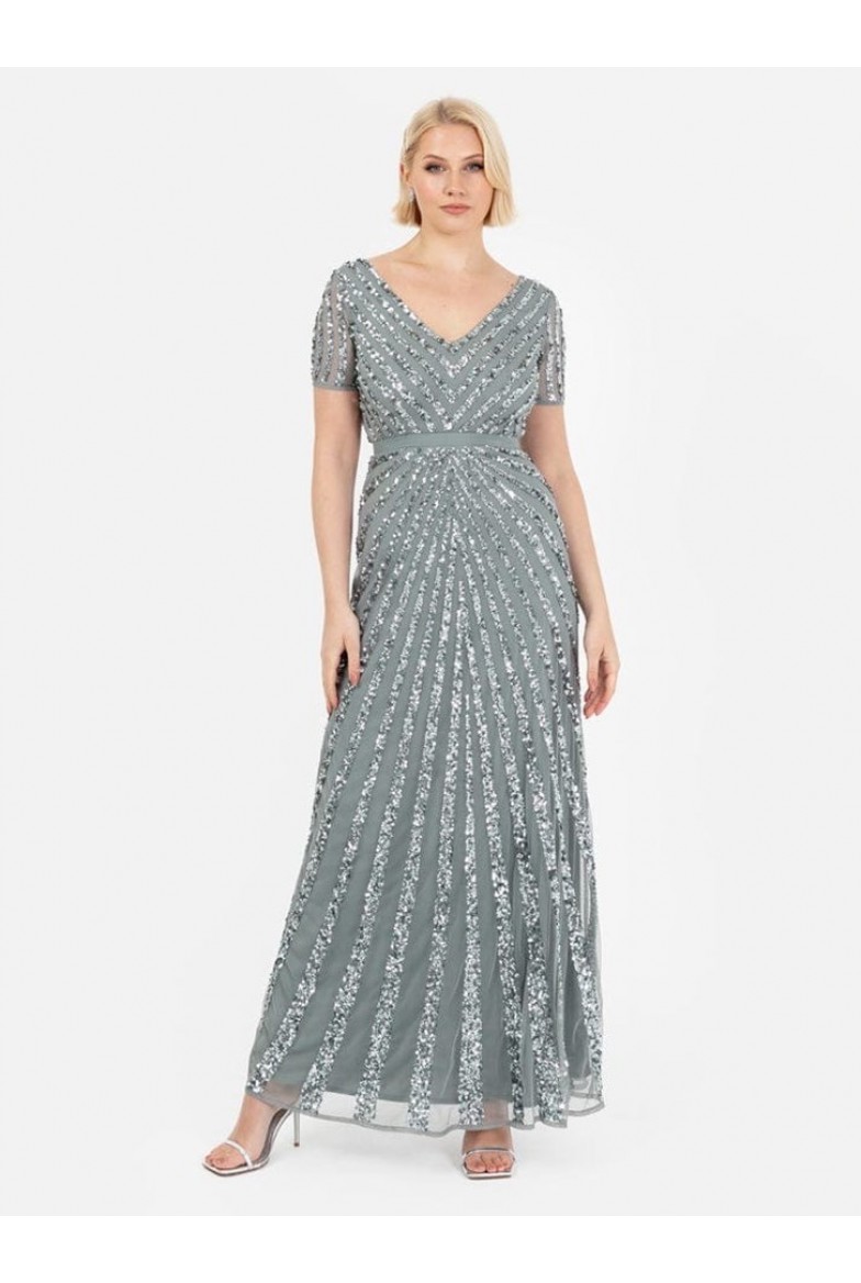 La Qayara Misty Green Chevron Sequin Embellished Georgette & Soft Net Maxi Dress