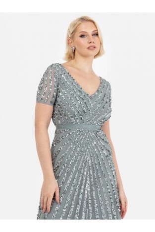 La Qayara Misty Green Chevron Sequin Embellished Georgette & Soft Net Maxi Dress