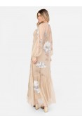 La Qayara Peach Embellished Georgette Maxi Dress with Net Sleeves