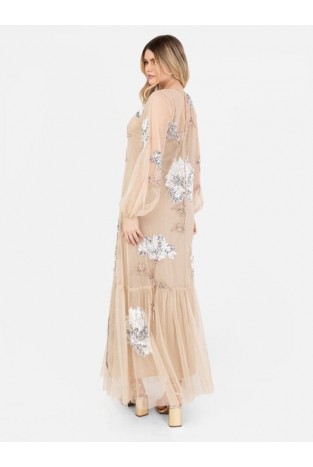 La Qayara Peach Embellished Georgette Maxi Dress with Net Sleeves