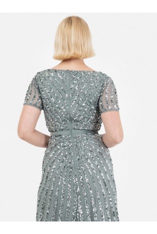 La Qayara Misty Green Chevron Sequin Embellished Georgette & Soft Net Maxi Dress