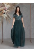 La Qayara Emerald Green All-Over Sequin Embroidered Georgette Maxi Dress with Soft Net Flared Skirt