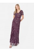La Qayara Berry Chevron Sequin Embellished Georgette & Soft Net Maxi Dress
