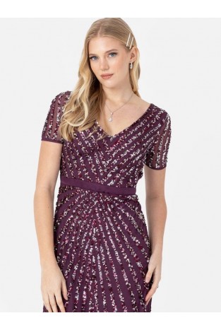 La Qayara Berry Chevron Sequin Embellished Georgette & Soft Net Maxi Dress