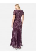La Qayara Berry Chevron Sequin Embellished Georgette & Soft Net Maxi Dress