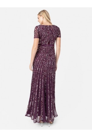 La Qayara Berry Chevron Sequin Embellished Georgette & Soft Net Maxi Dress