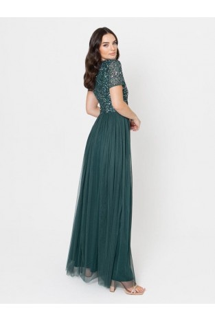 La Qayara Emerald Green All-Over Sequin Embroidered Georgette Maxi Dress with Soft Net Flared Skirt