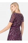 La Qayara Berry Chevron Sequin Embellished Georgette & Soft Net Maxi Dress