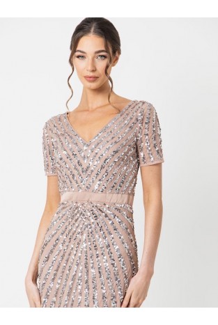 La Qayara Taupe Blush Chevron Sequin Embellished Georgette Maxi Dress with Soft Net Overlay