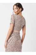 La Qayara Taupe Blush Chevron Sequin Embellished Georgette Maxi Dress with Soft Net Overlay