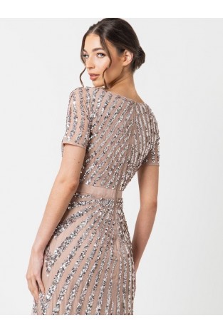La Qayara Taupe Blush Chevron Sequin Embellished Georgette Maxi Dress with Soft Net Overlay