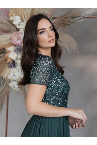 La Qayara Emerald Green All-Over Sequin Embroidered Georgette Maxi Dress with Soft Net Flared Skirt