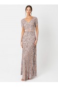 La Qayara Taupe Blush Chevron Sequin Embellished Georgette Maxi Dress with Soft Net Overlay