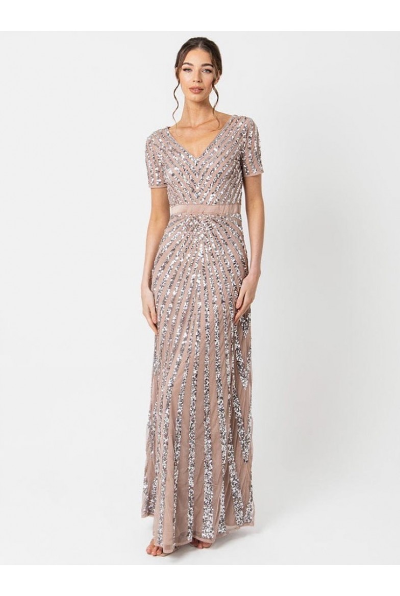 La Qayara Taupe Blush Chevron Sequin Embellished Georgette Maxi Dress with Soft Net Overlay