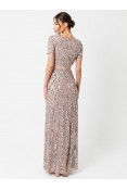 La Qayara Taupe Blush Chevron Sequin Embellished Georgette Maxi Dress with Soft Net Overlay