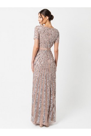 La Qayara Taupe Blush Chevron Sequin Embellished Georgette Maxi Dress with Soft Net Overlay