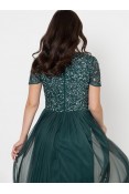 La Qayara Emerald Green All-Over Sequin Embroidered Georgette Maxi Dress with Soft Net Flared Skirt