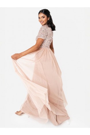 La Qayara Beige Embellished Georgette & Soft Net Maxi Gown for Women