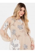 La Qayara Peach Embellished Georgette Maxi Dress with Net Sleeves