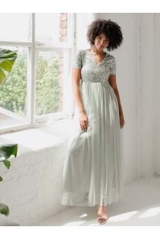 La Qayara Mid Green Sequin Embellished Bodice Georgette Maxi Dress with Soft Net Flared Skirt