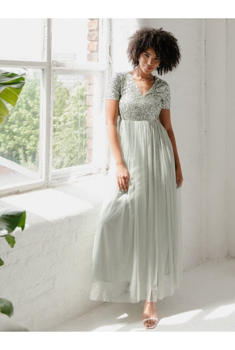 La Qayara Mid Green Sequin Embellished Bodice Georgette Maxi Dress with Soft Net Flared Skirt