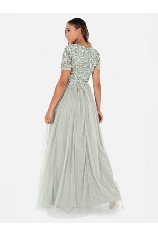 La Qayara Mid Green Sequin Embellished Bodice Georgette Maxi Dress with Soft Net Flared Skirt