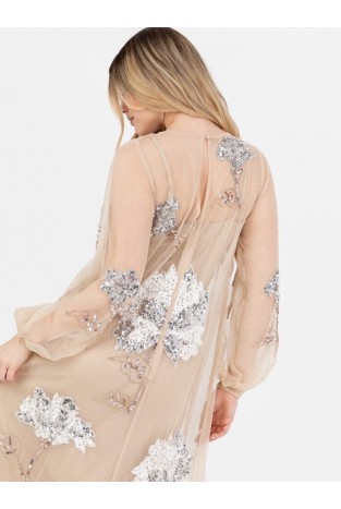 La Qayara Peach Embellished Georgette Maxi Dress with Net Sleeves