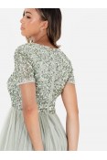 La Qayara Mid Green Sequin Embellished Bodice Georgette Maxi Dress with Soft Net Flared Skirt