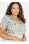 La Qayara Mid Green Sequin Embellished Bodice Georgette Maxi Dress with Soft Net Flared Skirt
