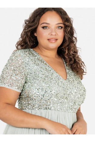 La Qayara Mid Green Sequin Embellished Bodice Georgette Maxi Dress with Soft Net Flared Skirt