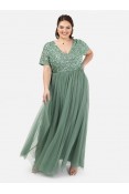 La Qayara Light Green Georgette Party Maxi Dress with Sequin Work Bodice & Soft Net Layered Flare