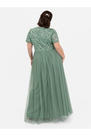 La Qayara Light Green Georgette Party Maxi Dress with Sequin Work Bodice & Soft Net Layered Flare