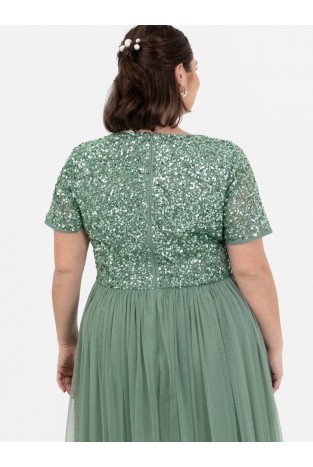 La Qayara Light Green Georgette Party Maxi Dress with Sequin Work Bodice & Soft Net Layered Flare