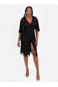 La Qayara Black Sequin Embellished Georgette Wrap Midi Dress with Soft Net Cape Sleeves