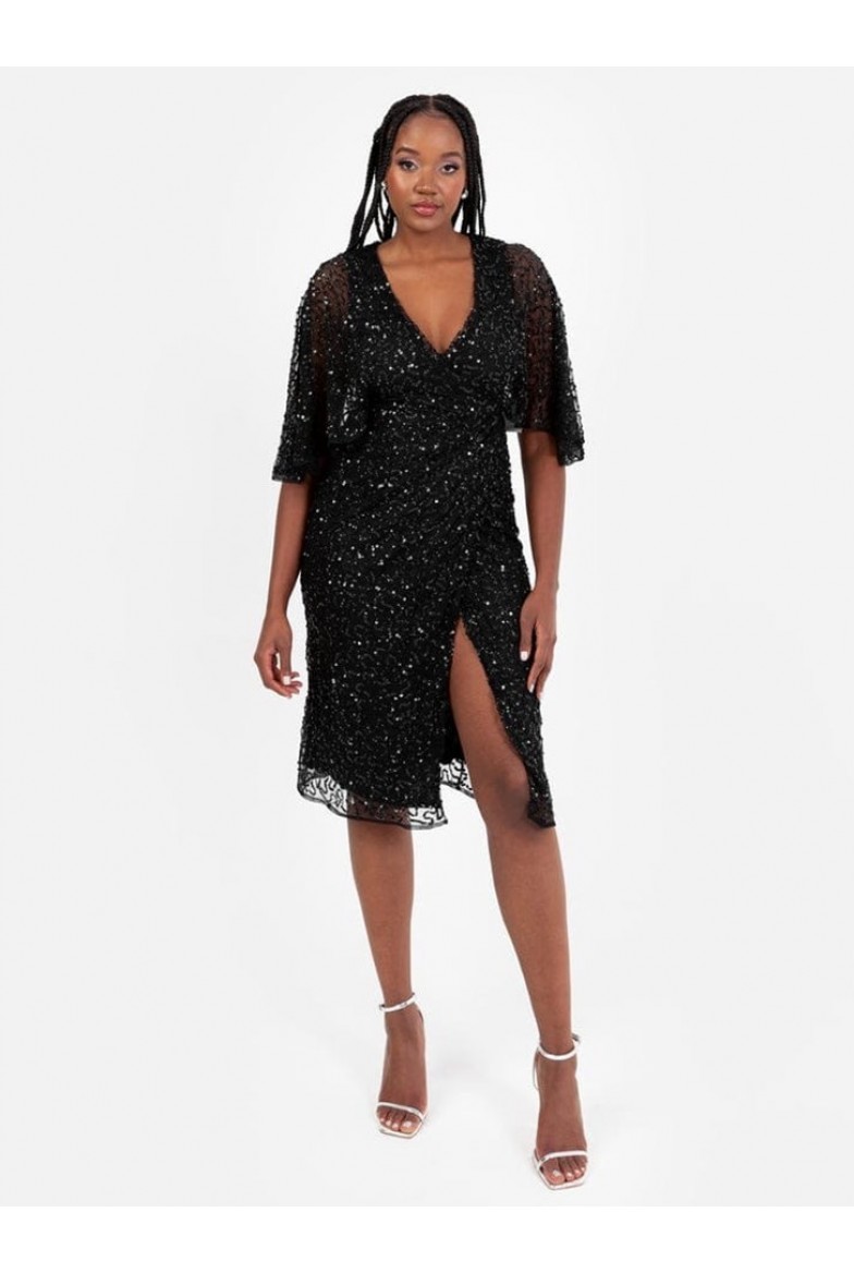La Qayara Black Sequin Embellished Georgette Wrap Midi Dress with Soft Net Cape Sleeves