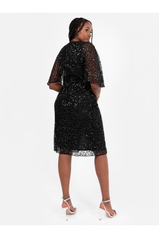 La Qayara Black Sequin Embellished Georgette Wrap Midi Dress with Soft Net Cape Sleeves