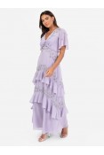 La Qayara Lilac Embellished Short Sleeve Ruffled Maxi Dress