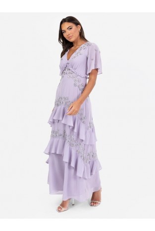 La Qayara Lilac Embellished Short Sleeve Ruffled Maxi Dress