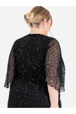 La Qayara Black Sequin Embellished Georgette Wrap Midi Dress with Soft Net Cape Sleeves