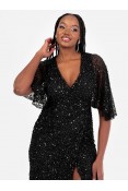 La Qayara Black Sequin Embellished Georgette Wrap Midi Dress with Soft Net Cape Sleeves