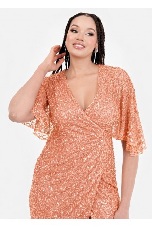 La Qayara Rose Gold Peach Embellished Georgette Wrap Midi Dress with Soft Net & Cape Sleeves