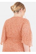 La Qayara Rose Gold Peach Embellished Georgette Wrap Midi Dress with Soft Net & Cape Sleeves