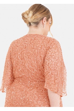 La Qayara Rose Gold Peach Embellished Georgette Wrap Midi Dress with Soft Net & Cape Sleeves