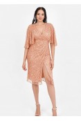 La Qayara Rose Gold Peach Embellished Georgette Wrap Midi Dress with Soft Net & Cape Sleeves