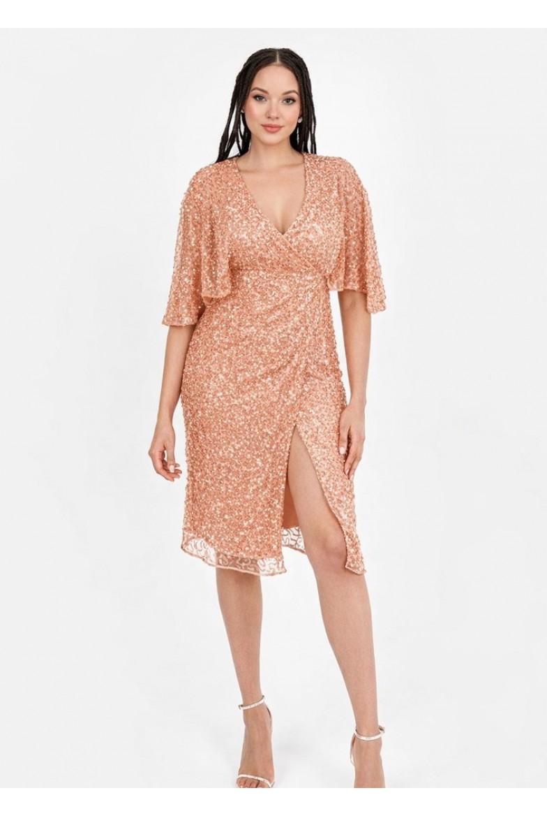 La Qayara Rose Gold Peach Embellished Georgette Wrap Midi Dress with Soft Net & Cape Sleeves
