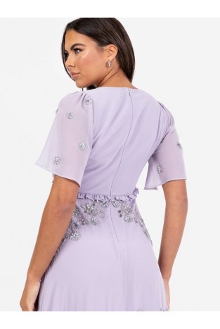 La Qayara Lilac Embellished Short Sleeve Ruffled Maxi Dress