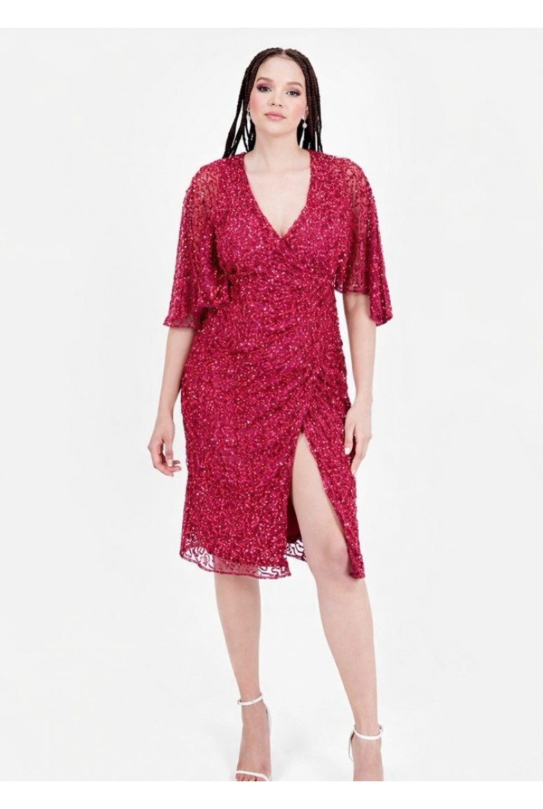 La Qayara Cerise Pink Sequin Embellished Georgette Wrap Midi Dress with Soft Net Cape Sleeves