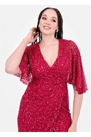 La Qayara Cerise Pink Sequin Embellished Georgette Wrap Midi Dress with Soft Net Cape Sleeves