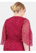 La Qayara Cerise Pink Sequin Embellished Georgette Wrap Midi Dress with Soft Net Cape Sleeves