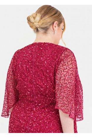 La Qayara Cerise Pink Sequin Embellished Georgette Wrap Midi Dress with Soft Net Cape Sleeves